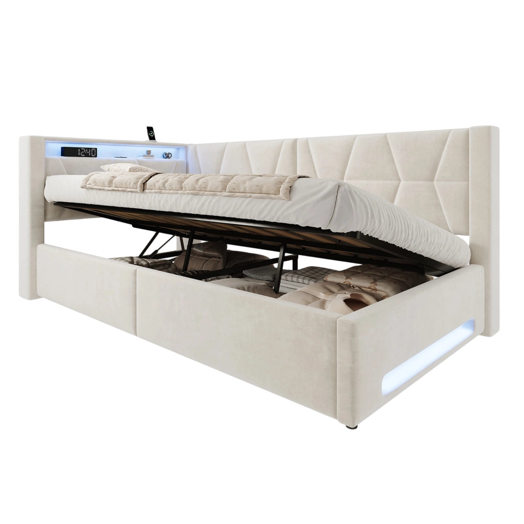 Letto imbottito 90x200 cm con contenitore, LED, USB e Type-C, velluto beige