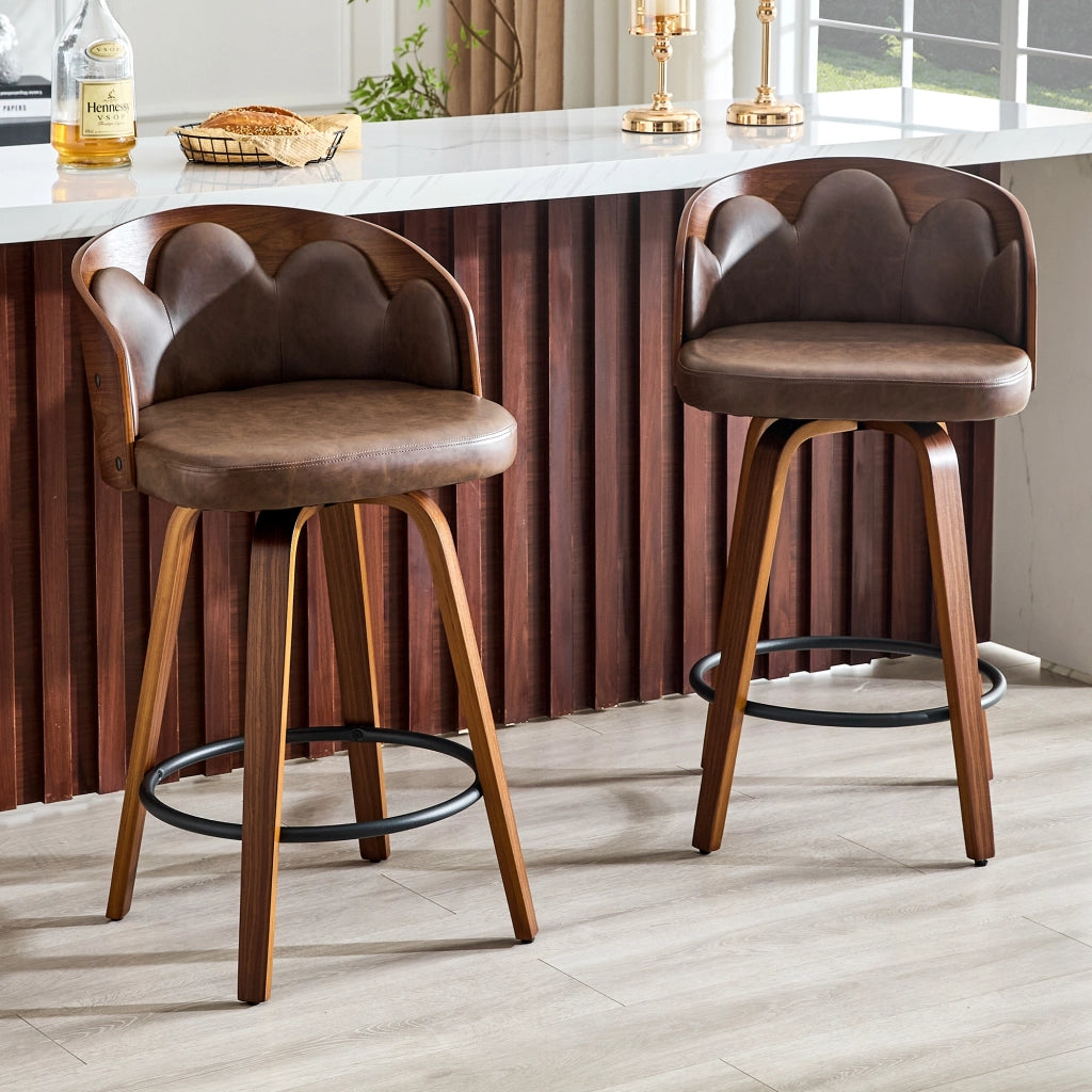 Sgabello da bar con schienale a fiore in legno curvato e PU con poggiapiedi in metallo marrone 64,5 × 53 × 47 cm