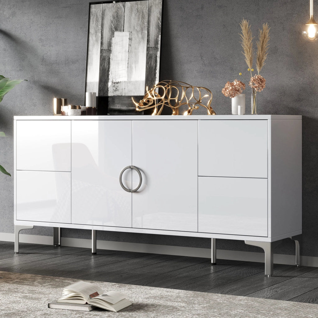Credenza bianca lucida 150 cm con 4 cassetti e 2 ante