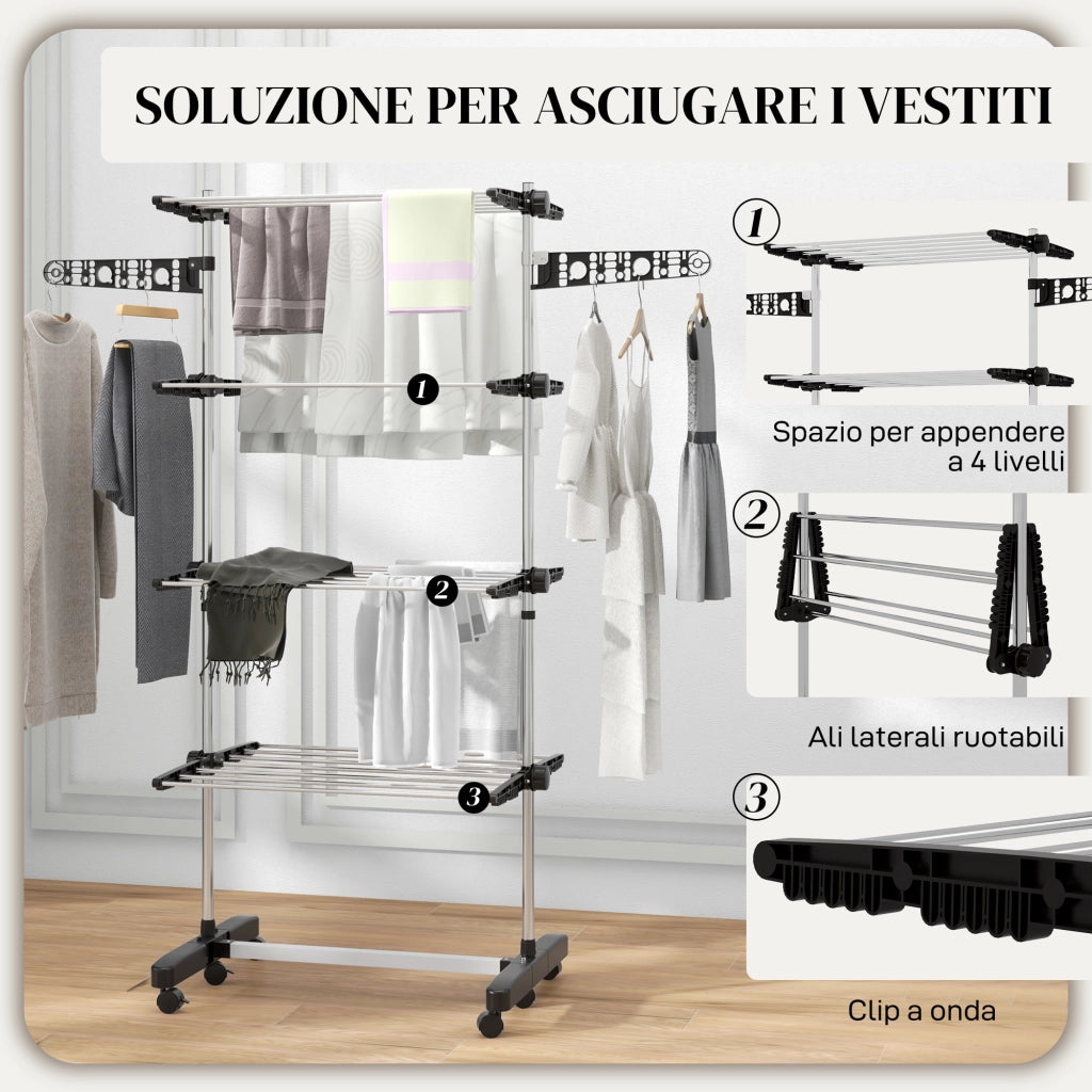 Stendino Verticale con 4 Ripiani Regolabili, in Acciaio e Plastica, 142x55x172 cm, Nero e Argento