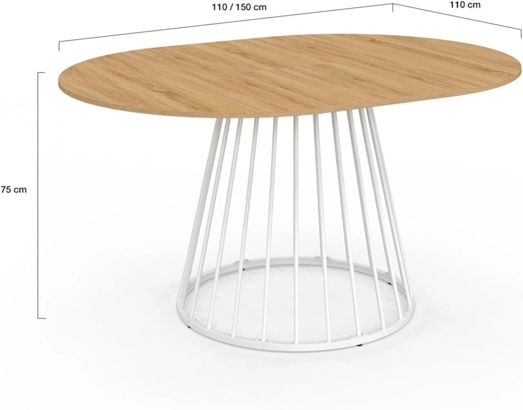 Tavolo da pranzo rotondo allungabile YUNA per 4-8 persone con piano in legno e gamba in filo metallico bianco 110-150 cm