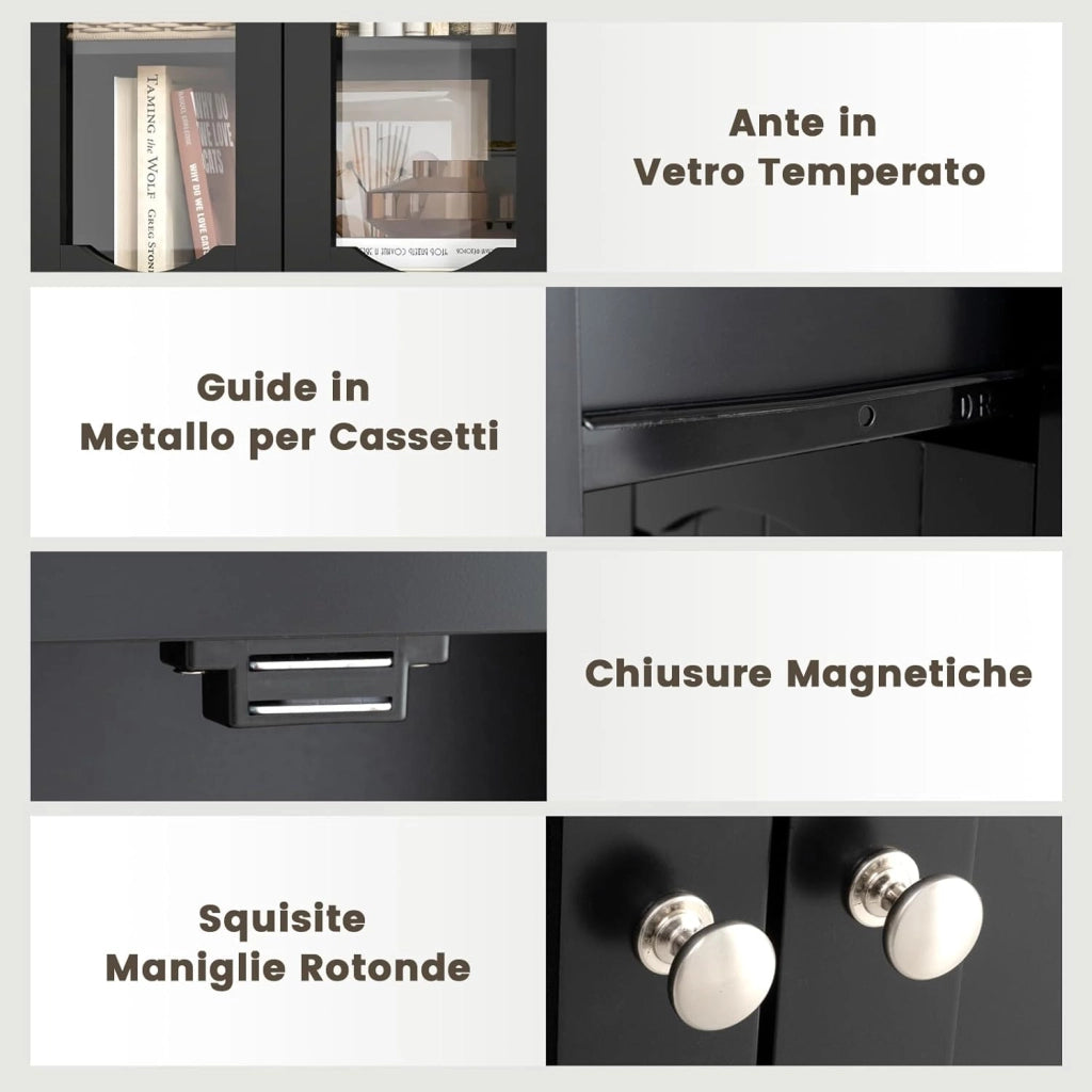 Armadietto Salvaspazio 60 x 30 x 160cm, Mobile Bagno con 2 Ripiani Regolabili, Cassetto e 2 Porte in Vetro Temprato, Armadio da Bagno per Ufficio, Soggiorno e Camera da Letto, Bianco (Nero)