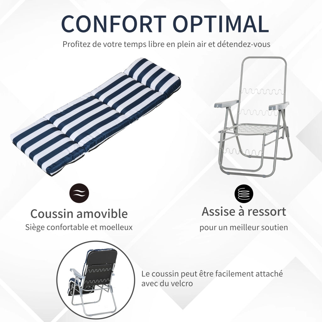 Chaise Longue Pieghevole Regolabile con Cuscino ¨C Zephmum ¨C Blu e Bianco in Acciaio