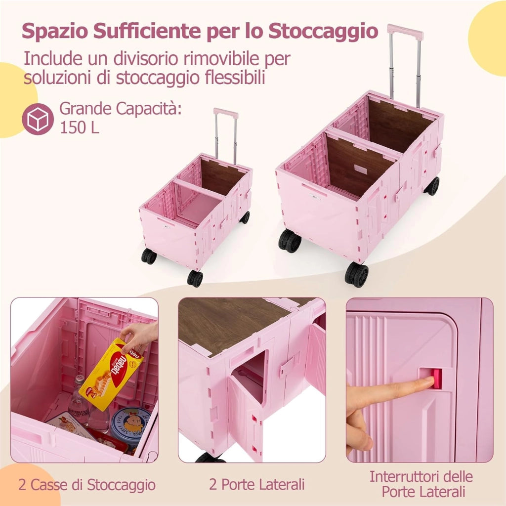 Carrello da Spiaggia Pieghevole 150 L, Carrello con Ruote Portatutto con Armadio a 2 Livelli e Manico Telescopico in Metallo, Carretto Giardino Portatile per Campeggio, Portata 120 kg (Rosa)