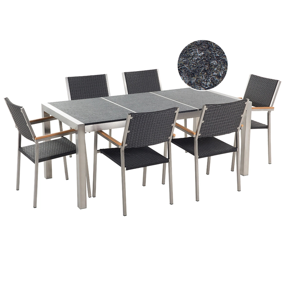 Set da pranzo da giardino Nero con tavolo in basalto Nero sedie in rattan 6 posti 180 x 90 cm