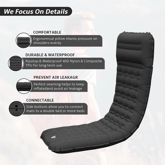 12 cm mattonella autoinflante con pompa integrata - Compatta e leggera - Ideale per escursioni, viaggi e campeggio - Adatta per tende (nero)