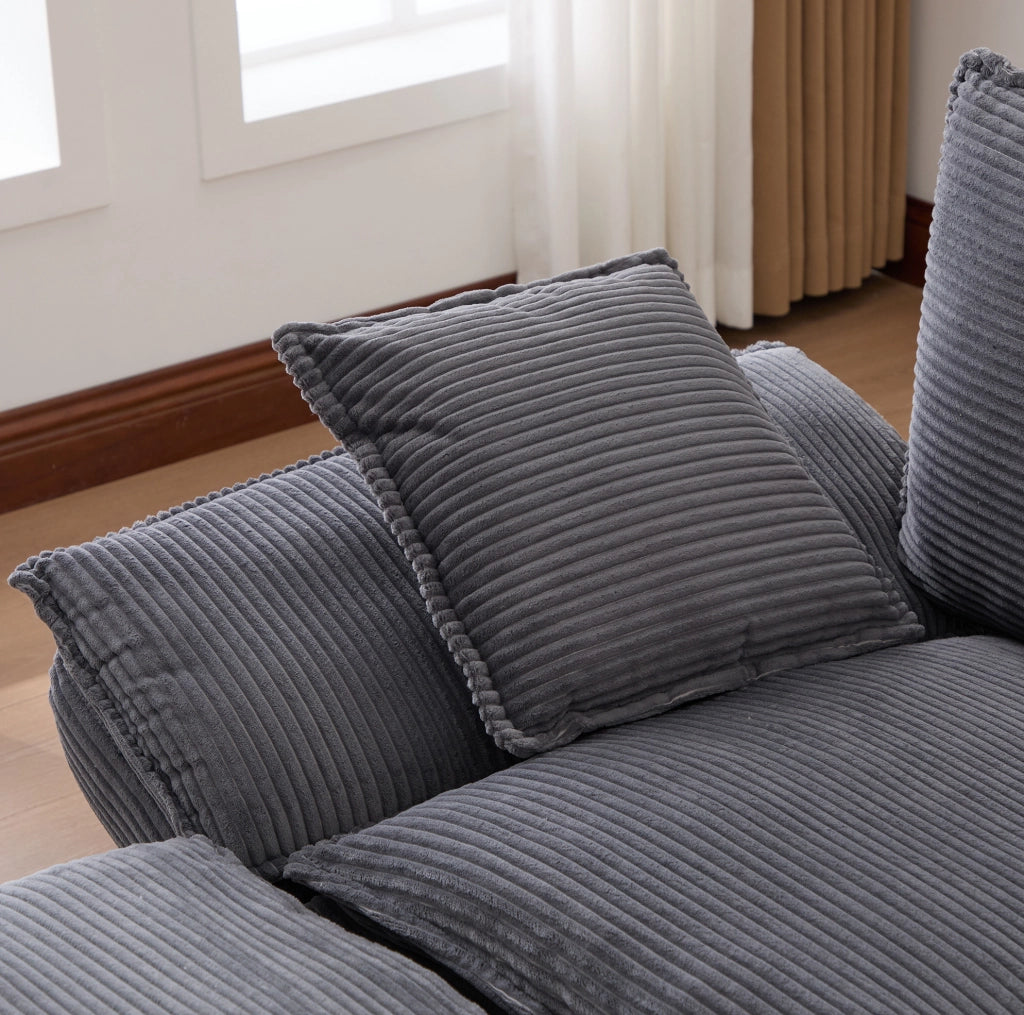 Divano modulare 3 posti in velluto a coste con 2 pouf; USB-C e tasche laterali; grigio scuro