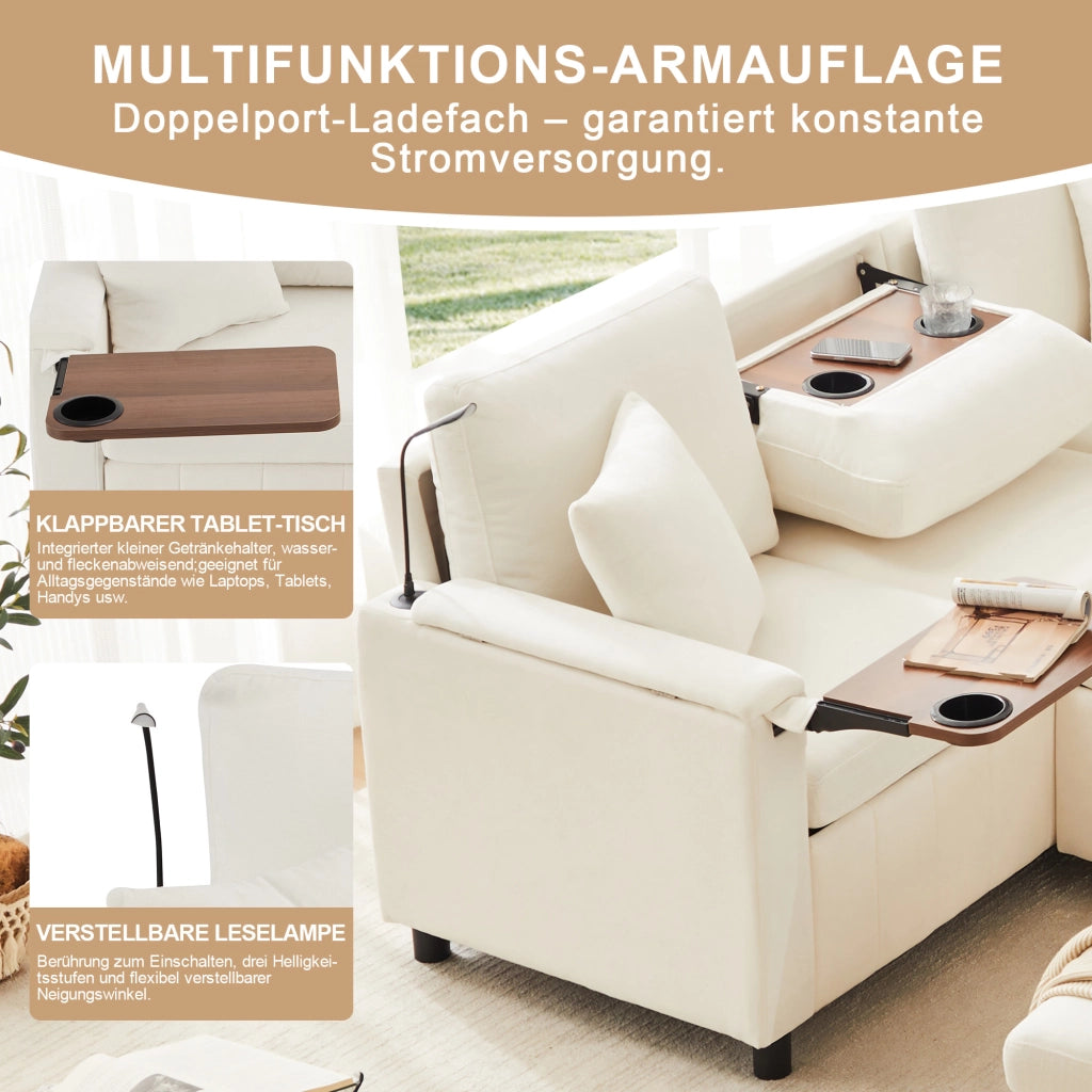 Divano angolare convertibile con letto estraibile, lampada da lettura e pouf contenitore in chenille beige 205 × 205 × 85 cm
