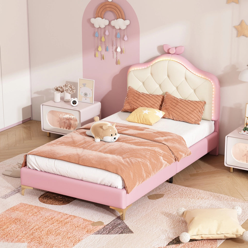 Letto imbottito 90x200 cm con LED e fiocco in PU bianco e rosa