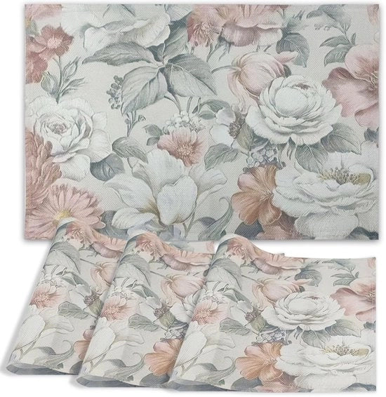 Piatto da tavola lavabile - 4 pezzi - 45 x 30 cm - Fiori - Piatto da tavola a forma rotonda - Decorazione per cucina e soggiorno - Telaio in poliestere duraturo - Piatto da tavola da tavola da tavolo