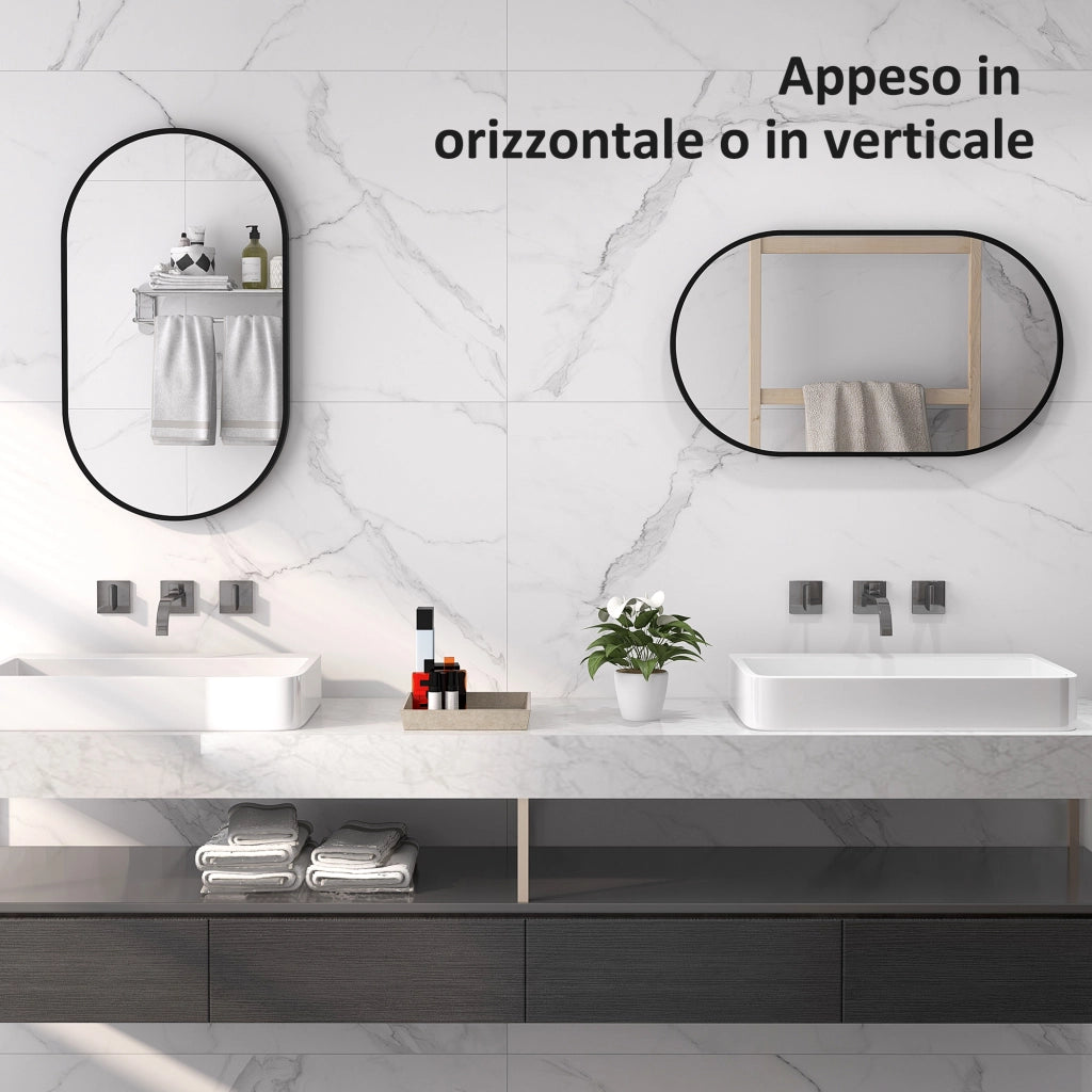 Specchio Bagno Ovale da Parete ¨C Xylo ¨C Cornice Alluminio Nero 40x70cm