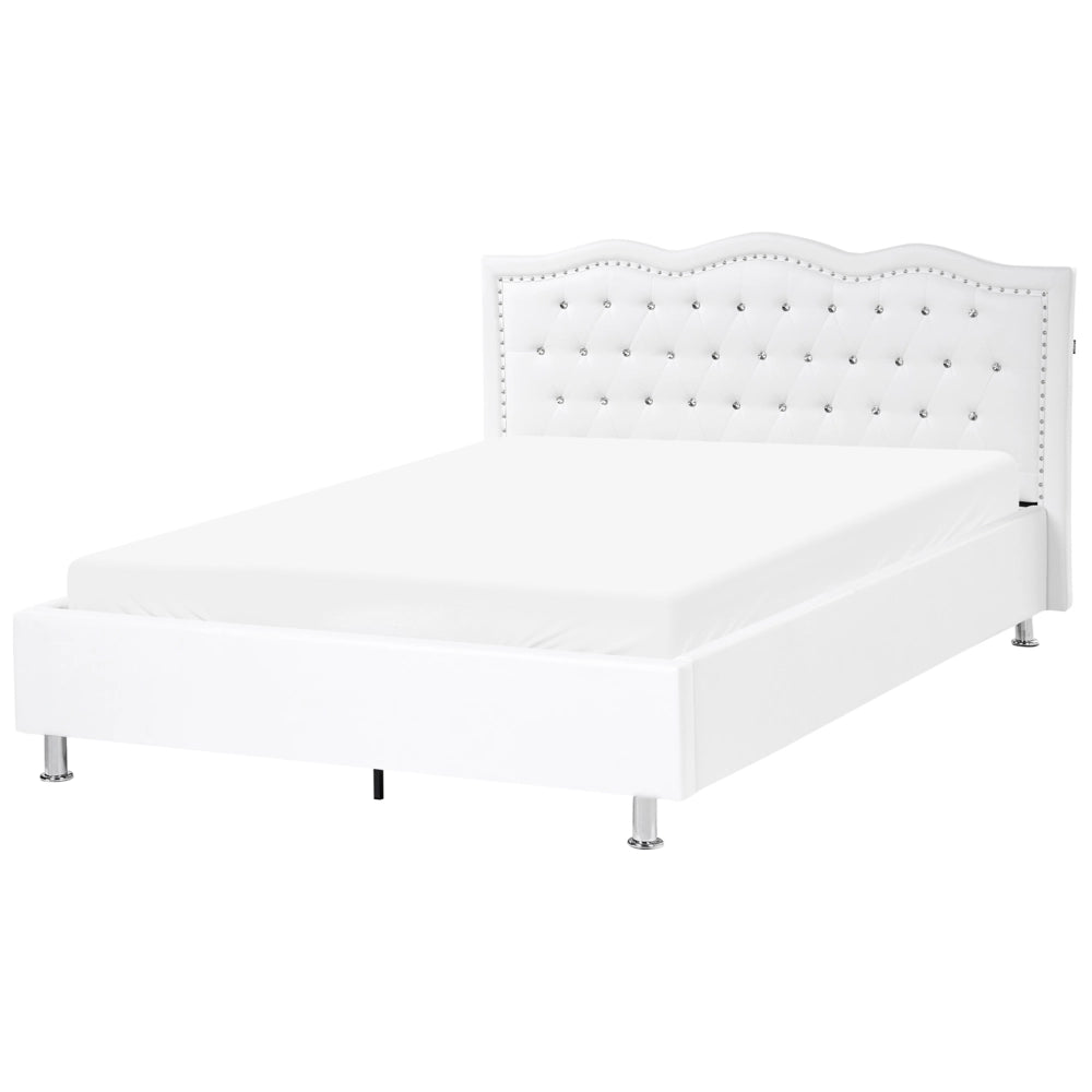 Letto matrimoniale in ecopelle bianca 140 x 200 cm 6 struttura imbottita con rifiniture per la testa dei chiodi con contenitore