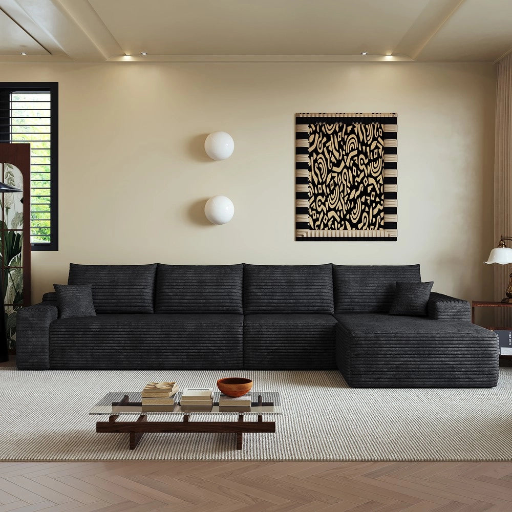 Divano angolare con chaise longue ¨C Minimal ¨C nero velluto imbottito 340cm