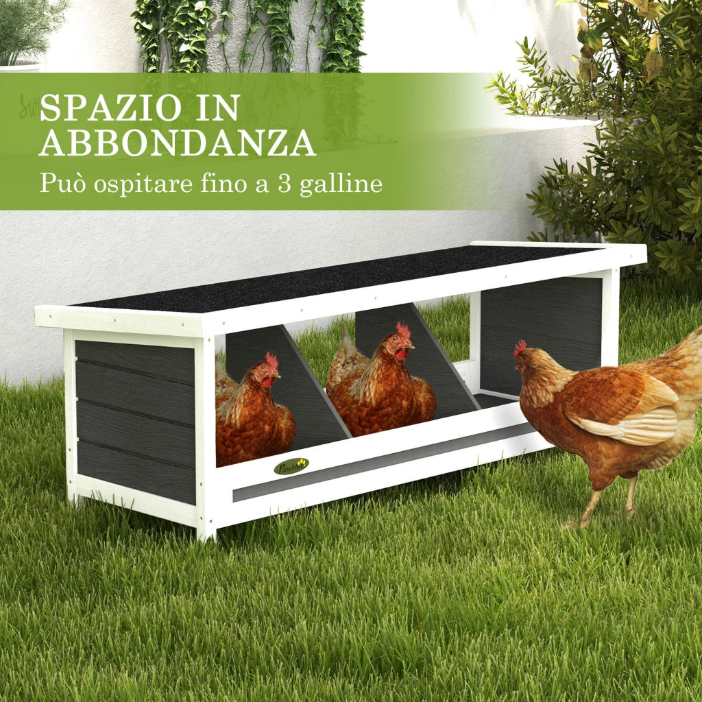 Nido per Galline 95x37x34 cm a 3 Aree con Base Rialzata e Tetto in Legno e Bitume Grigio