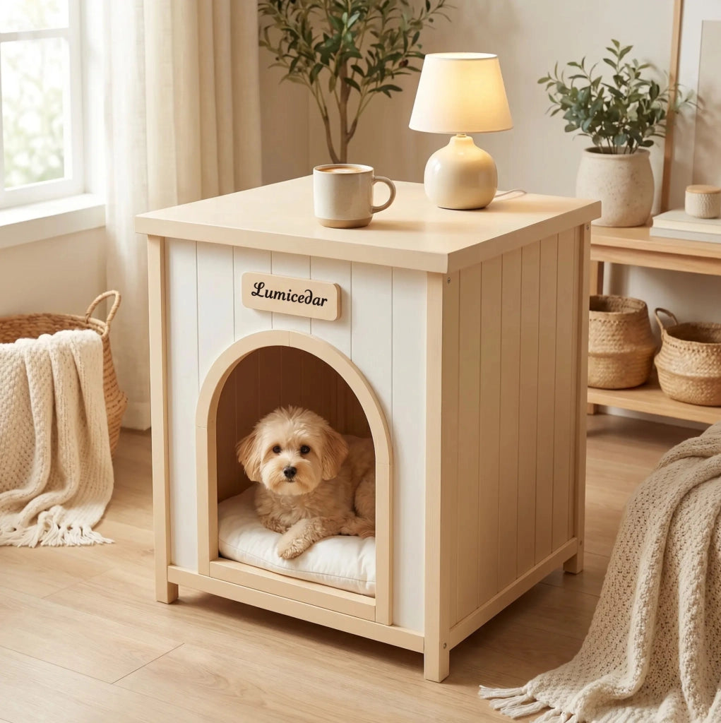 Cuccia per cani in legno con cuscino rimovibile; bianco crema