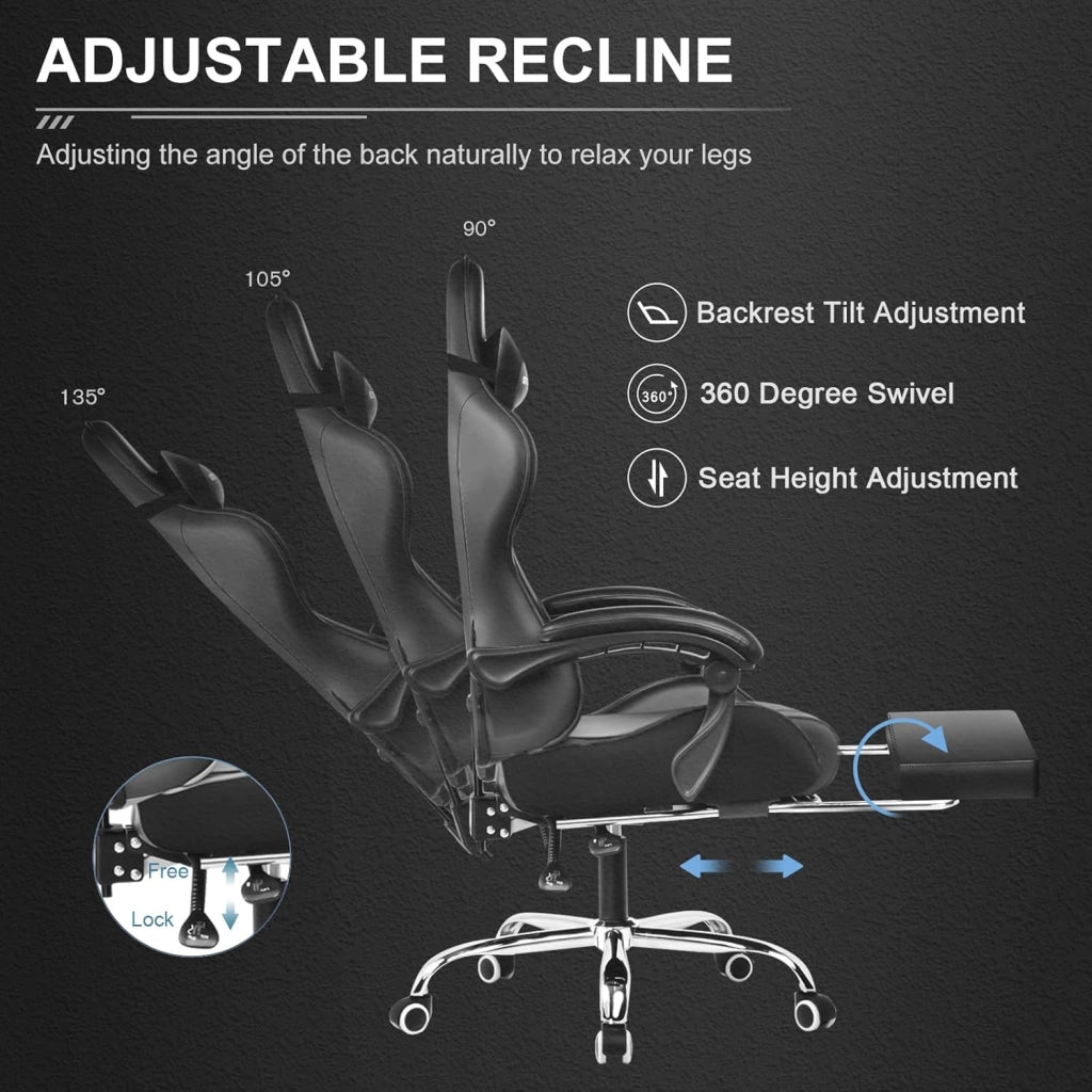 Sedia da Gaming, Ergonomico Sedia da Ufficio, con Massaggiante poggiapiedi e supporto lombare, Schienale Regolabile 90-135°, Portata 150 kg, sedia per computer, Nero