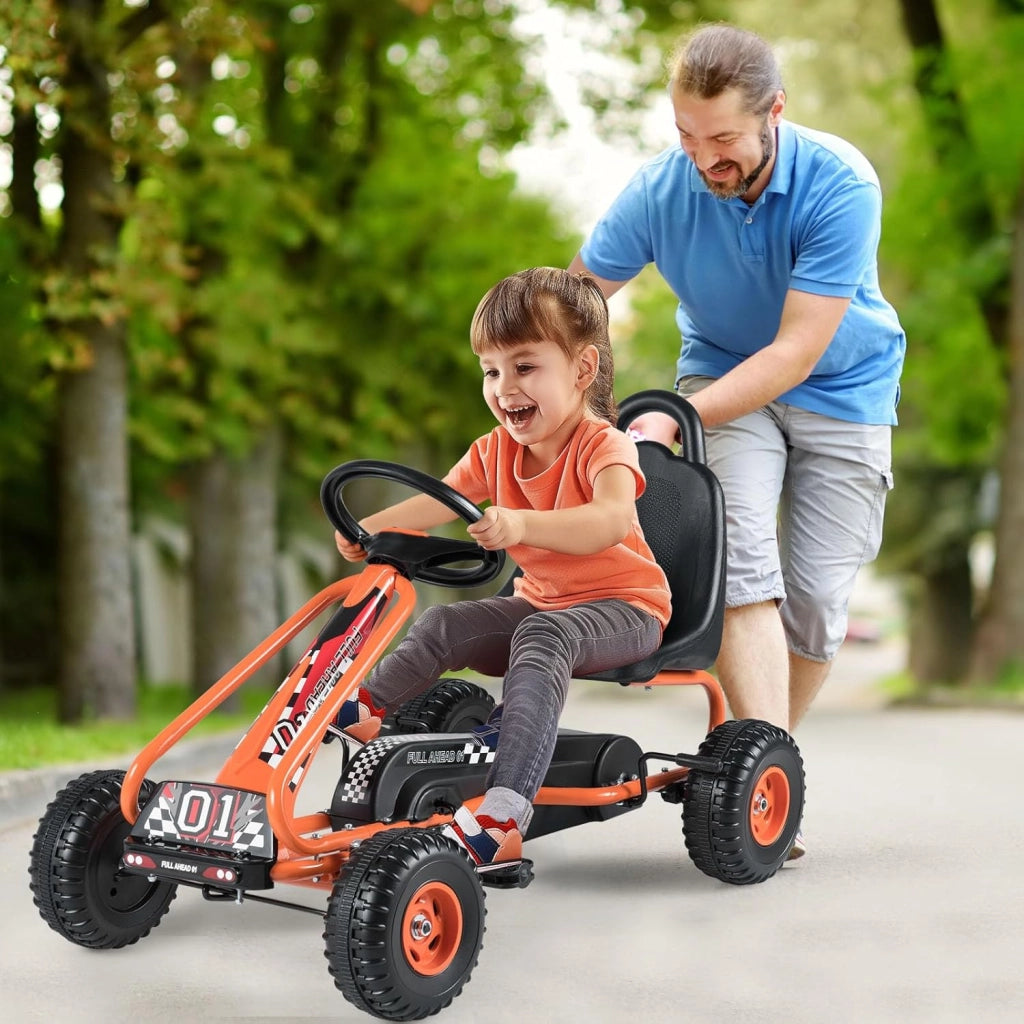 Go Kart a Pedali per Bambini, Go Kart Veicolo con Sedile Regolabile e Freno a Mano, per Bambini 3-6 Anni, Portata Massima 30 kg (Arancia)