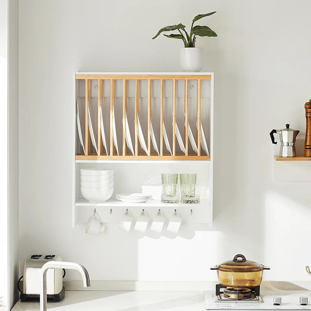 Porta Piatti d'angolo Pensile Cucina Scolapiatti da Muro con 7 Ganci 76x47x12 cm KCR09-W