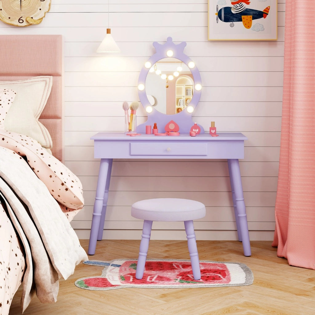 Set da trucco per bambini con specchio illuminato, Set di trucco per principesse con tavolo e sedia regolabili Viola-Toelette per bimbi