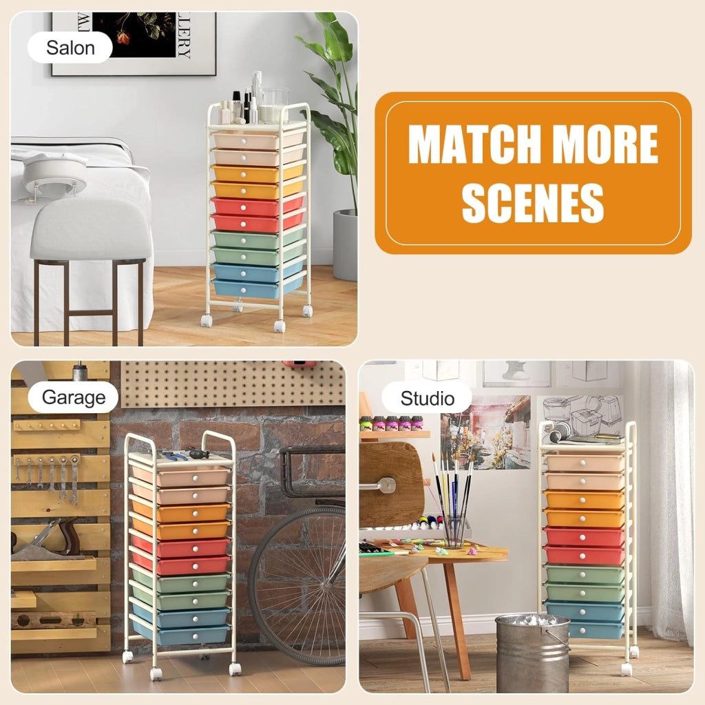 Carrello Portaoggetti con 10 Cassetti, Telaio in Metallo e Struttura in Plastica, 4 Ruote di cui 2 con Freno, Organizer Multiuso per Ufficio, Cucina e Bagno, 33 x 37 x 86 cm