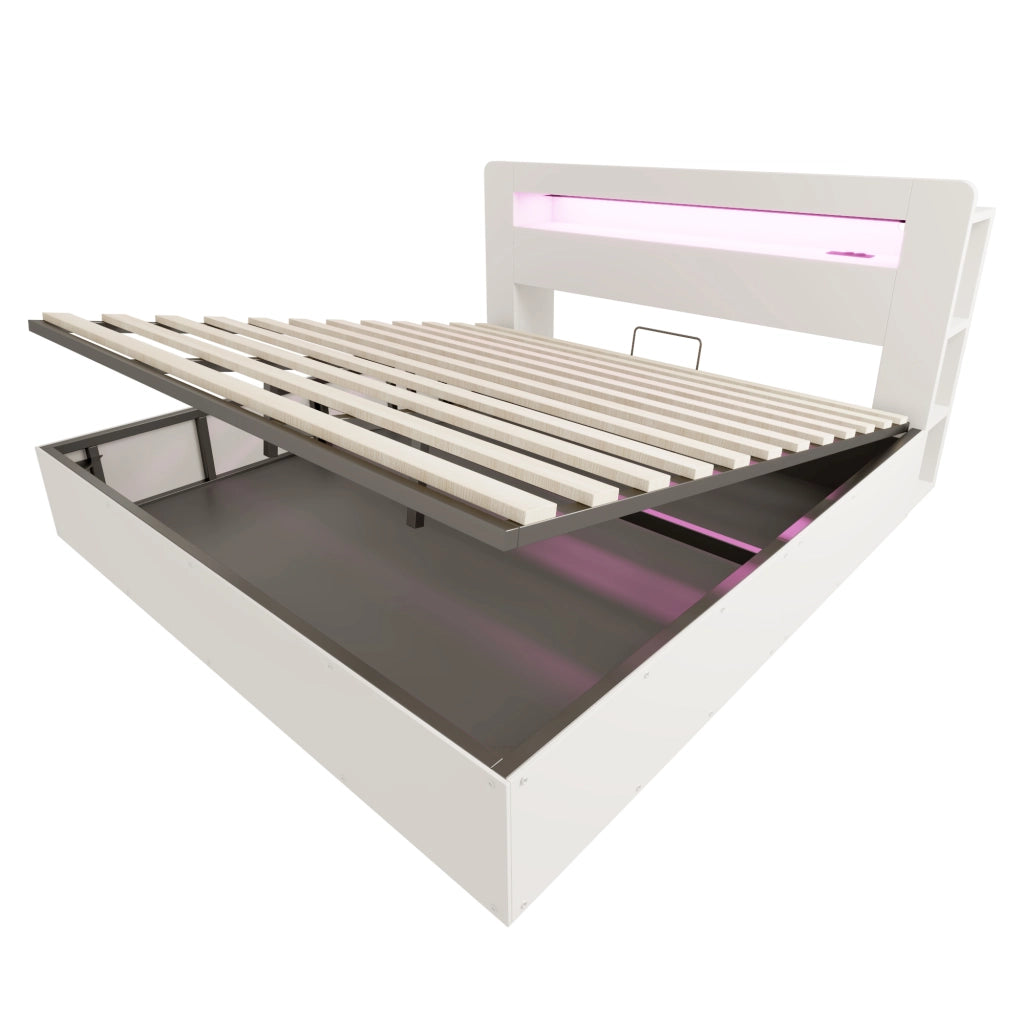 Letto contenitore matrimoniale 180×200 cm con LED; testiera con ripiani e prese; senza materasso; legno; bianco