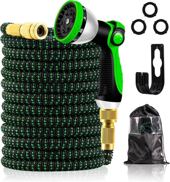 Serpentino flessibile per giardino 30 m, tubo di gomma latex duraturo 3 strati, congiunzioni in rame massello 3/4 pollici e 1/2 pollici, tessuto 3450D, pieghevole, spray multifunzione 10.