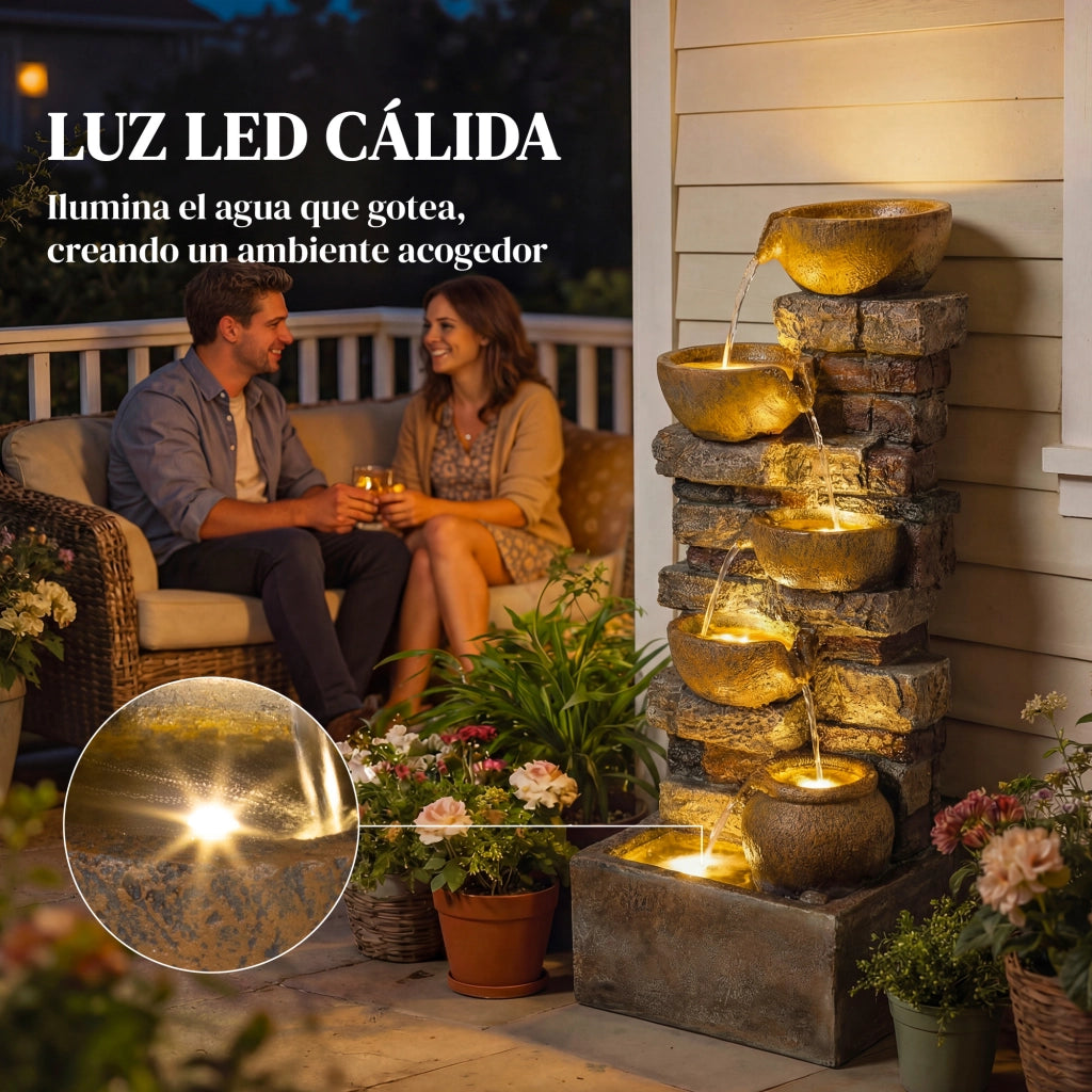 Fontana da Giardino a Cascata 5 Livelli ¨C Xylo ¨C LED Marrone Rustico Pompa Regolabile