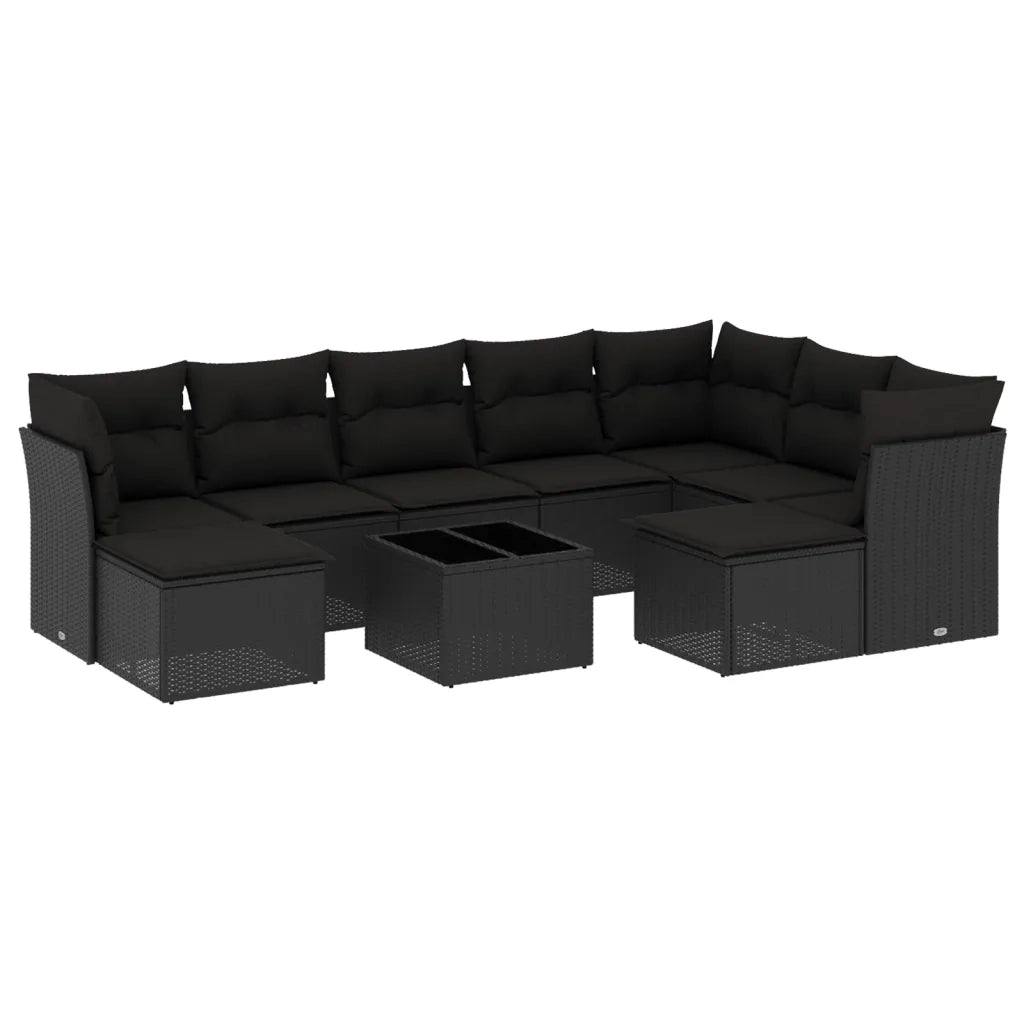 Set Divani da Giardino 10pz con Cuscini in Polyrattan Nero