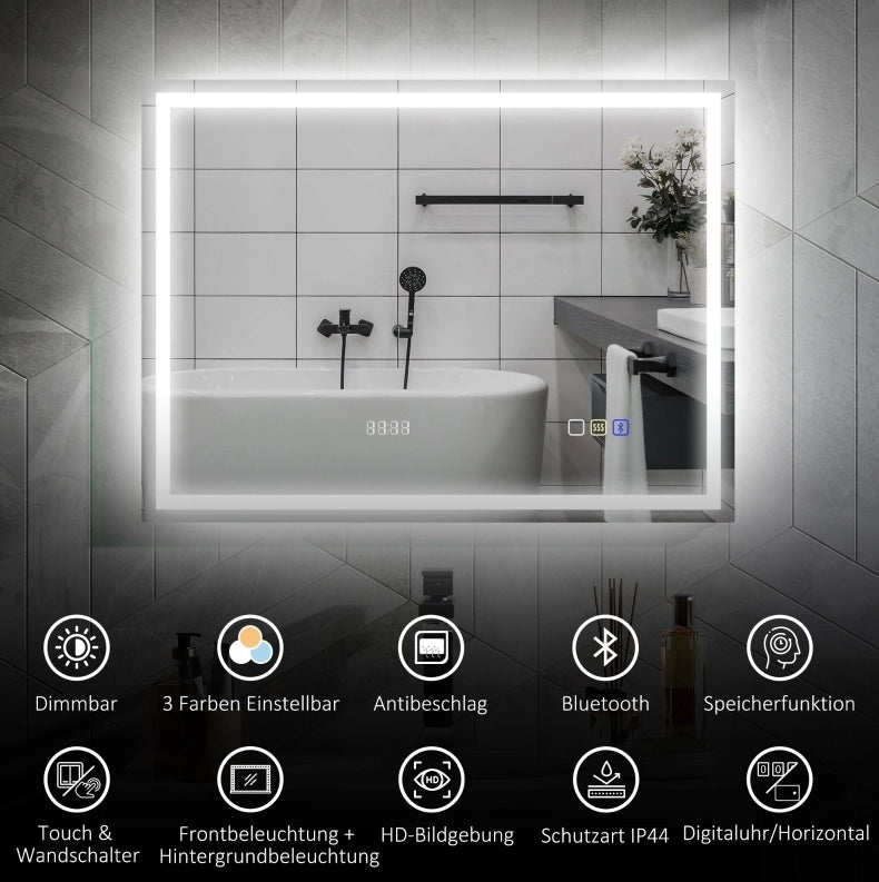 Specchio da bagno LED Bluetooth con orologio digitale e antiappannamento
