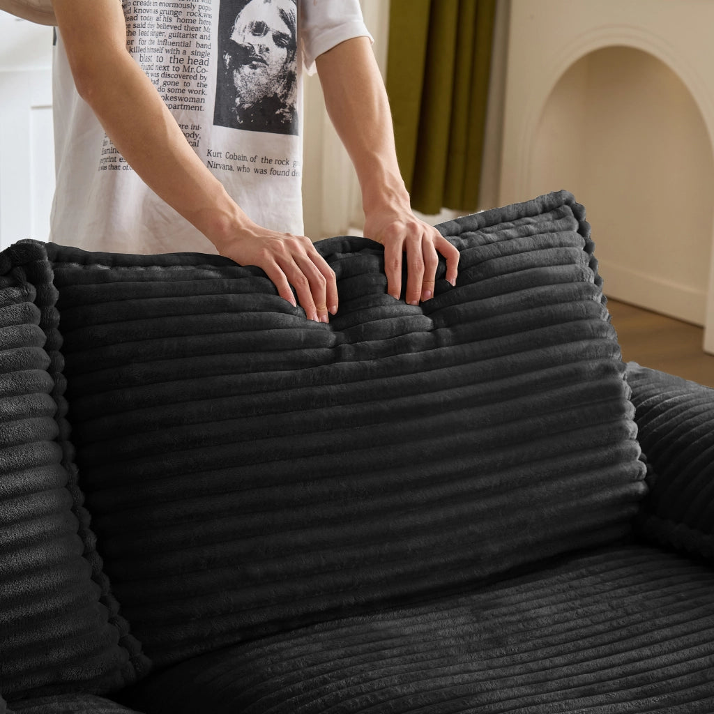Divano a 2 posti con pouf in velluto a coste, schiuma elastica e molle, facile da pulire, per soggiorno, nero
