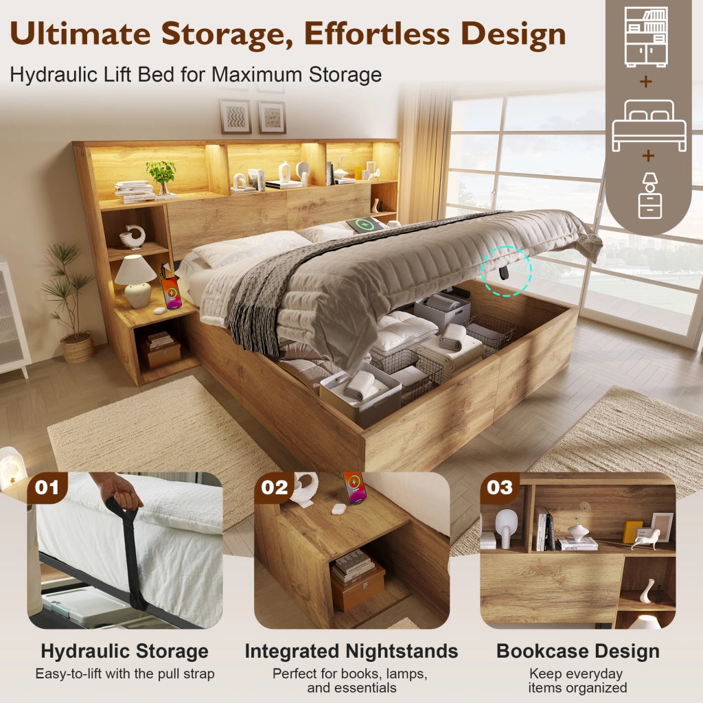 OKWISH Letto Contenitore 160×200 cm, Letto Matrimoniale con LED Regolabile, USB e Tipo C, Mensole e Comodini Integrati, con Materasso, Rovere