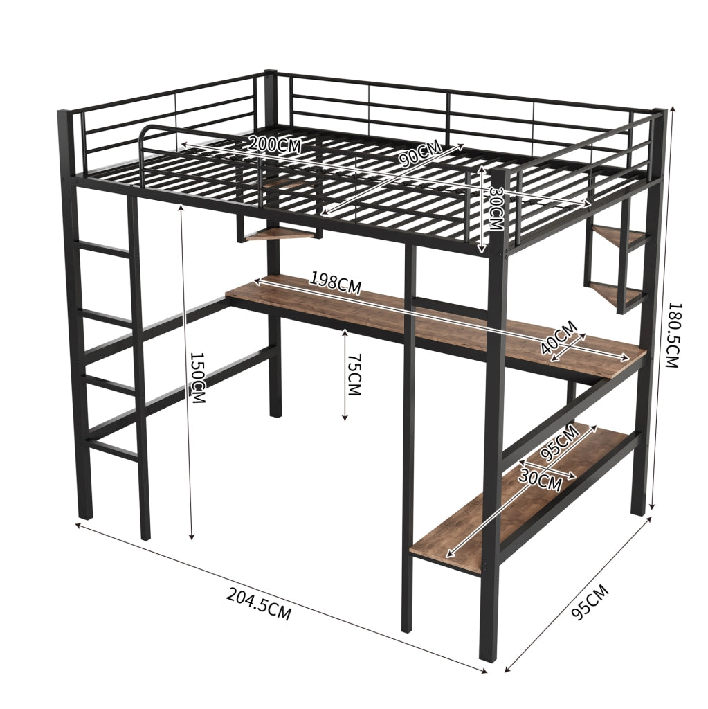Letto a soppalco 90x200 cm con scrivania e libreria; metallo; nero