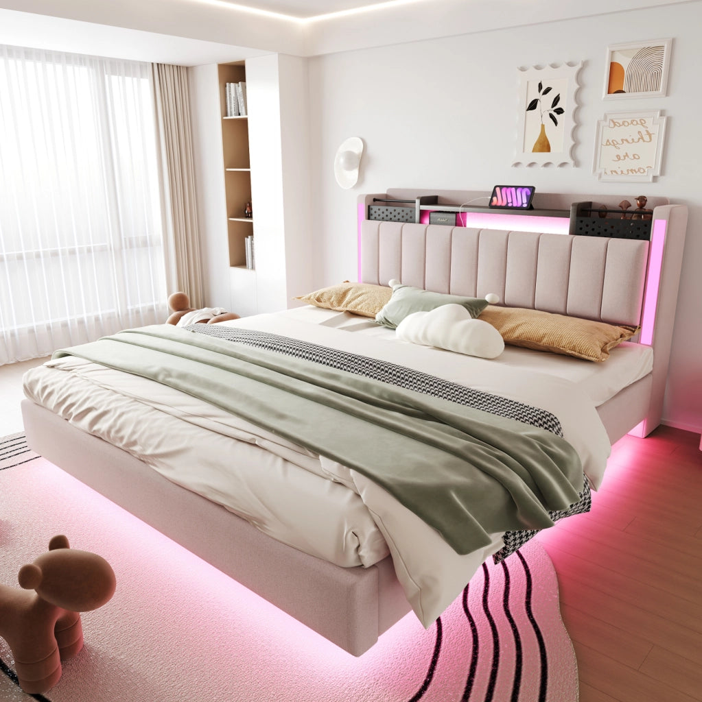 Letto matrimoniale imbottito 160x200 cm con USB; luci LED; testiera con vano contenitore; beige