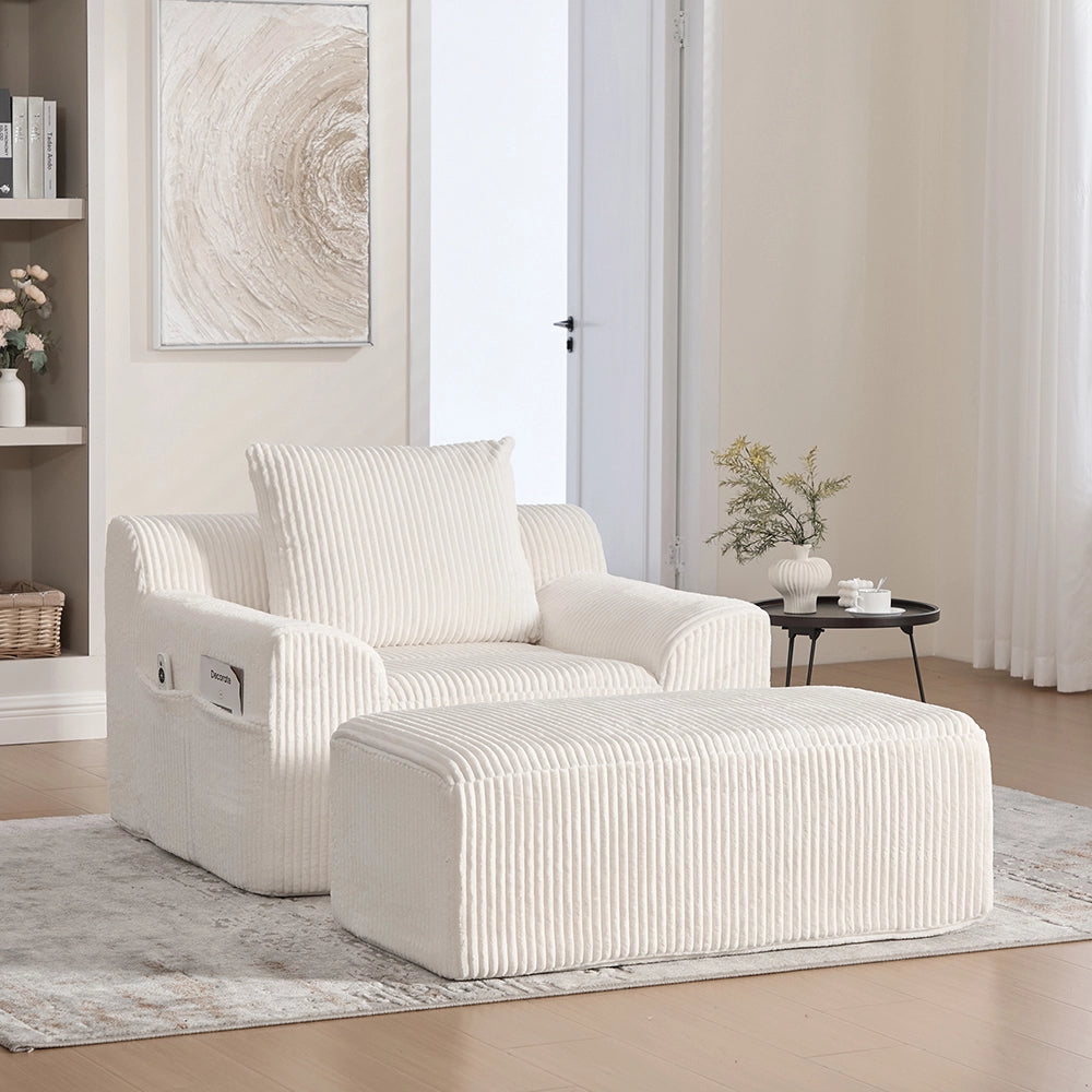 Poltrona oversize - Xylo - Velluto costato con tasche laterali, pouf e nessun assemblaggio