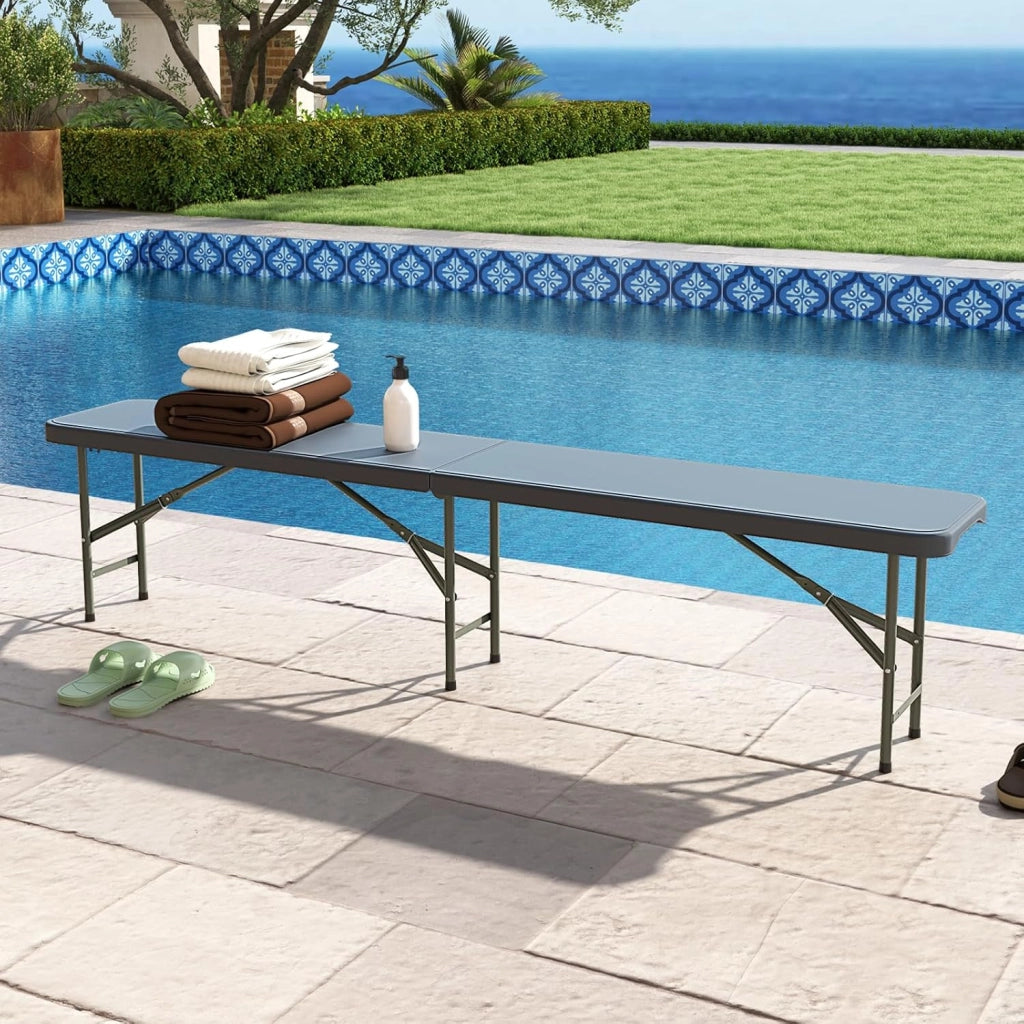 Panca Pieghevole in Plastica 180 cm, Sedile Portatile con Manico e Blocco, Panca da Campeggio in HDPE Rinforzato, per Giardino Campeggio Picnic, Portata 300 kg (Grigio)