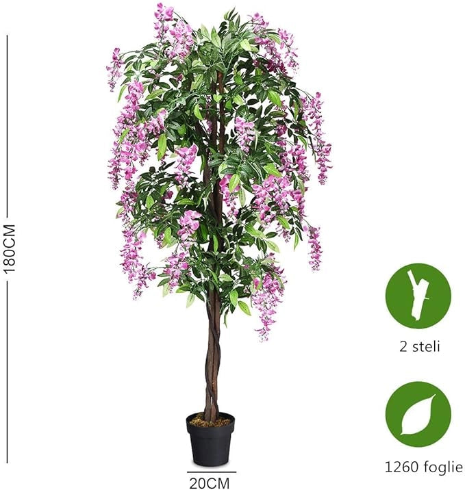 Pianta Finta da Interno da 180 cm, Albero Artificiale con Fiori Fiori Glicine Elegante in Vaso, Pianta Artificiale per Salotto, Camera da Letto e Balcone