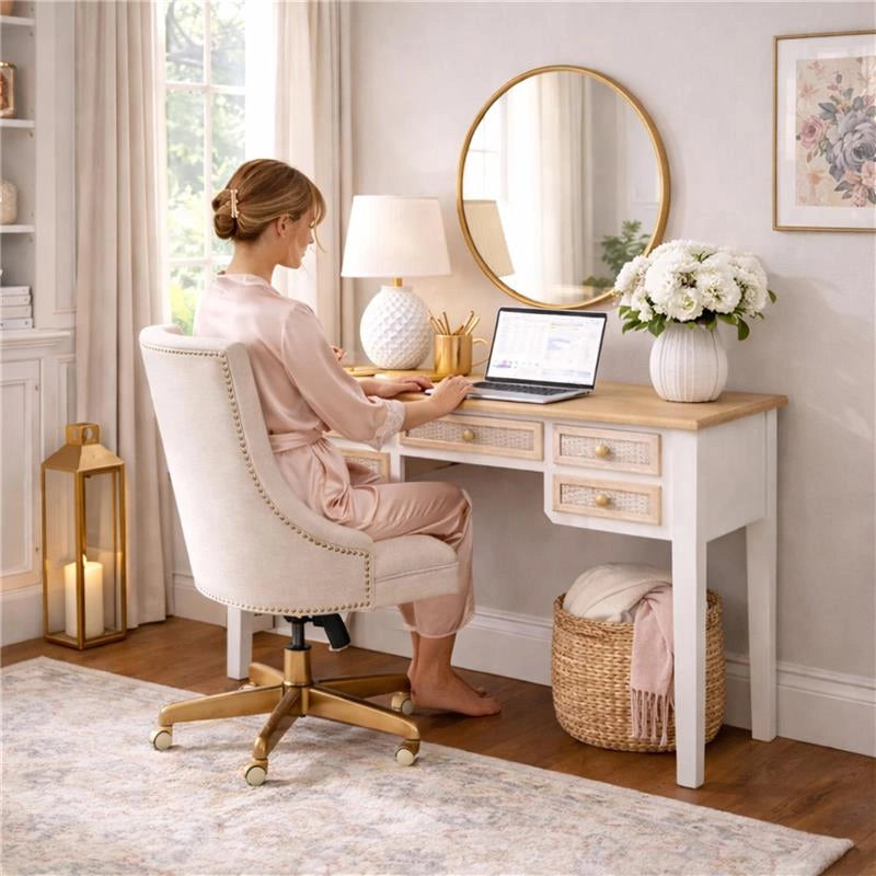 MA MAISON SCRIVANIA BIANCA IN LEGNO 90X40X79 CM CON 5 CASSETTI, SCRITTOIO ELEGANTE STILE SHABBY CHARM PER STUDIO E CAMERA