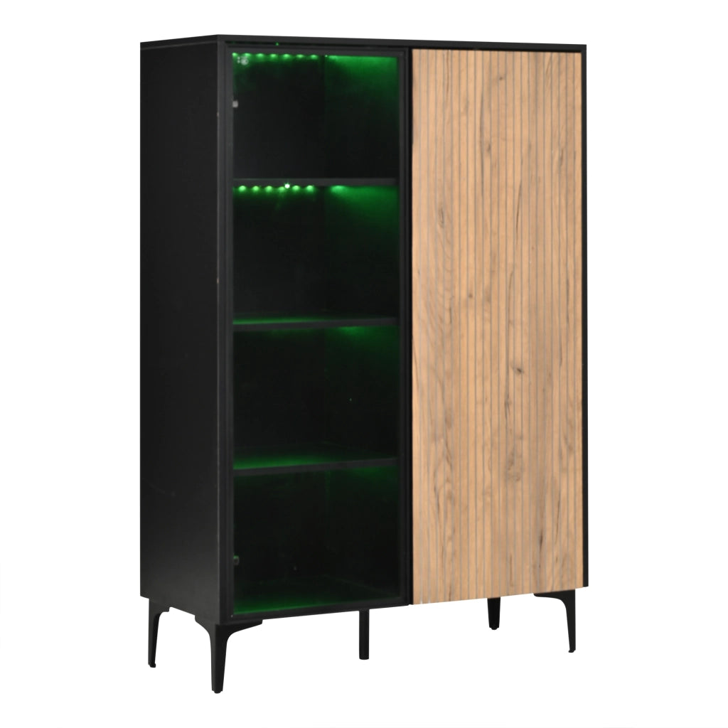 Credenza alta con 2 ante, vetro temperato, MDF, 90×40×135 cm, nero e effetto legno, con LED RGB controllati da app, 8 vani e 2 colli
