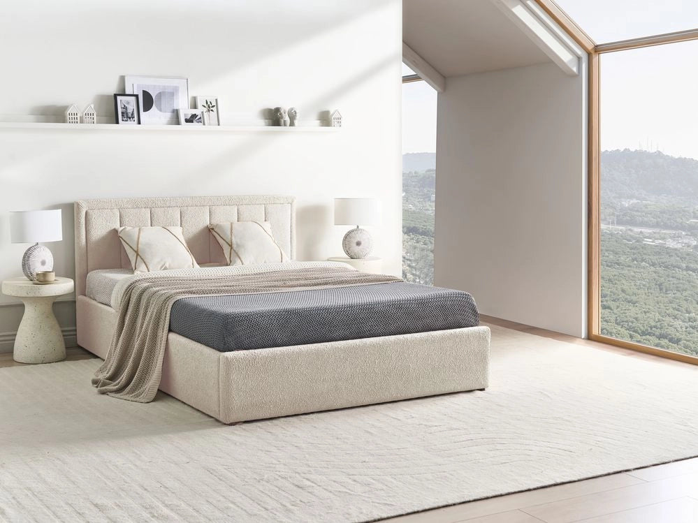 Letto Ottomano Beige Boucle 140x200 cm Struttura imbottita con Testiera