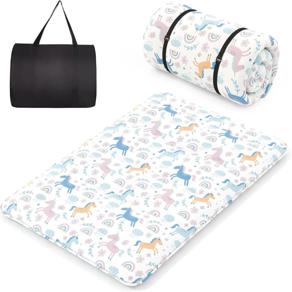Materasso da pavimento arrotolabile 140 x 200 cm per dormire in modo portatile e pieghevole in un ambiente accogliente e colorato 20_0012682