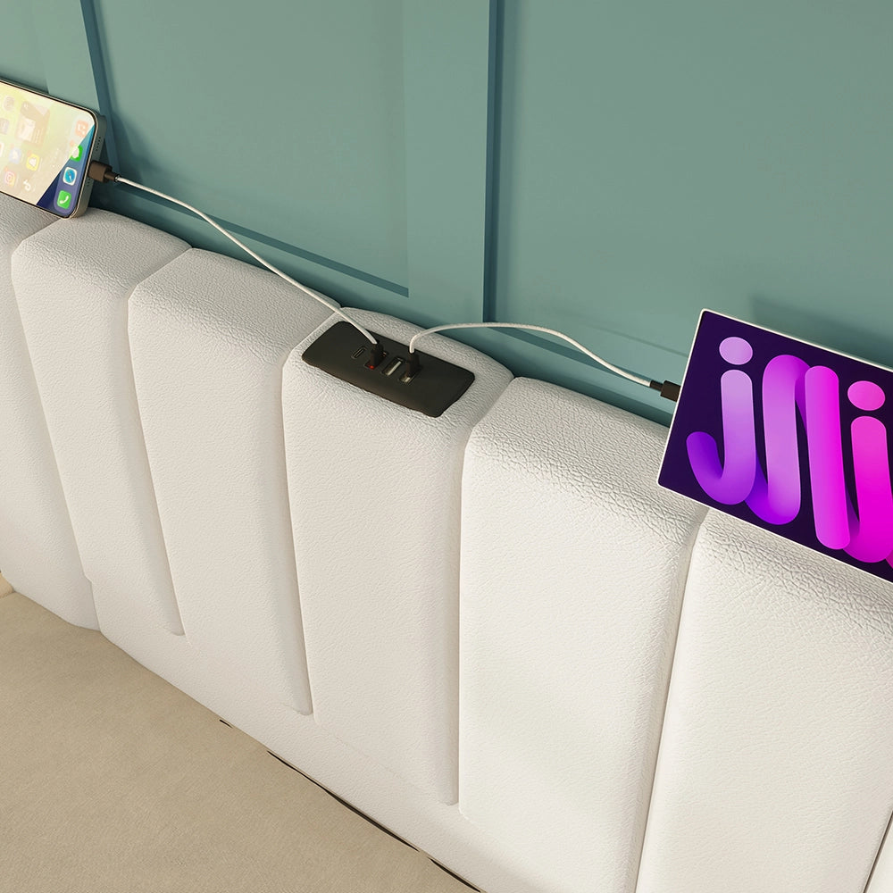 Letto imbottito con cassone - Xylo - 180??200 cm - Bianco - Controllo App LED e USB-C