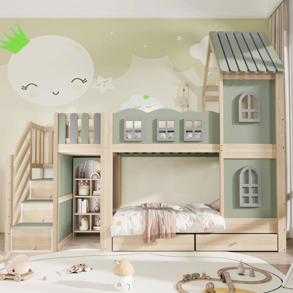 Letto a castello per bambini 90x200 cm in legno; verde/grigio/naturale; con scale contenitore e cassetti