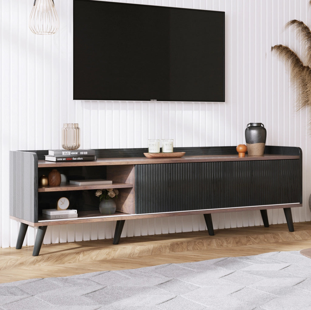 Mobile TV con 2 cassetti e 2 ante scorrevoli; 160x40x58 cm; nero e legno