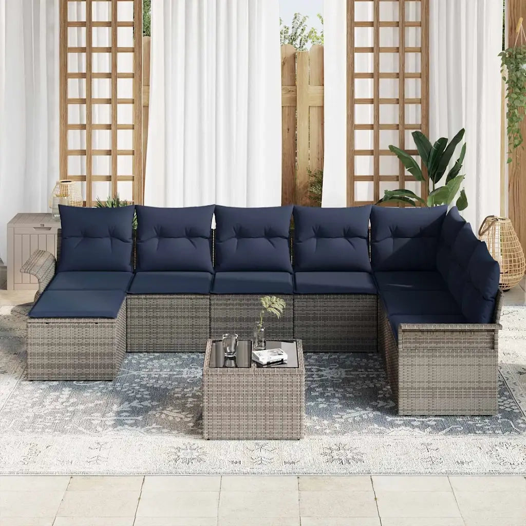 Set Divano da Giardino con cuscino 9 pcs Grigio Poly Rattan