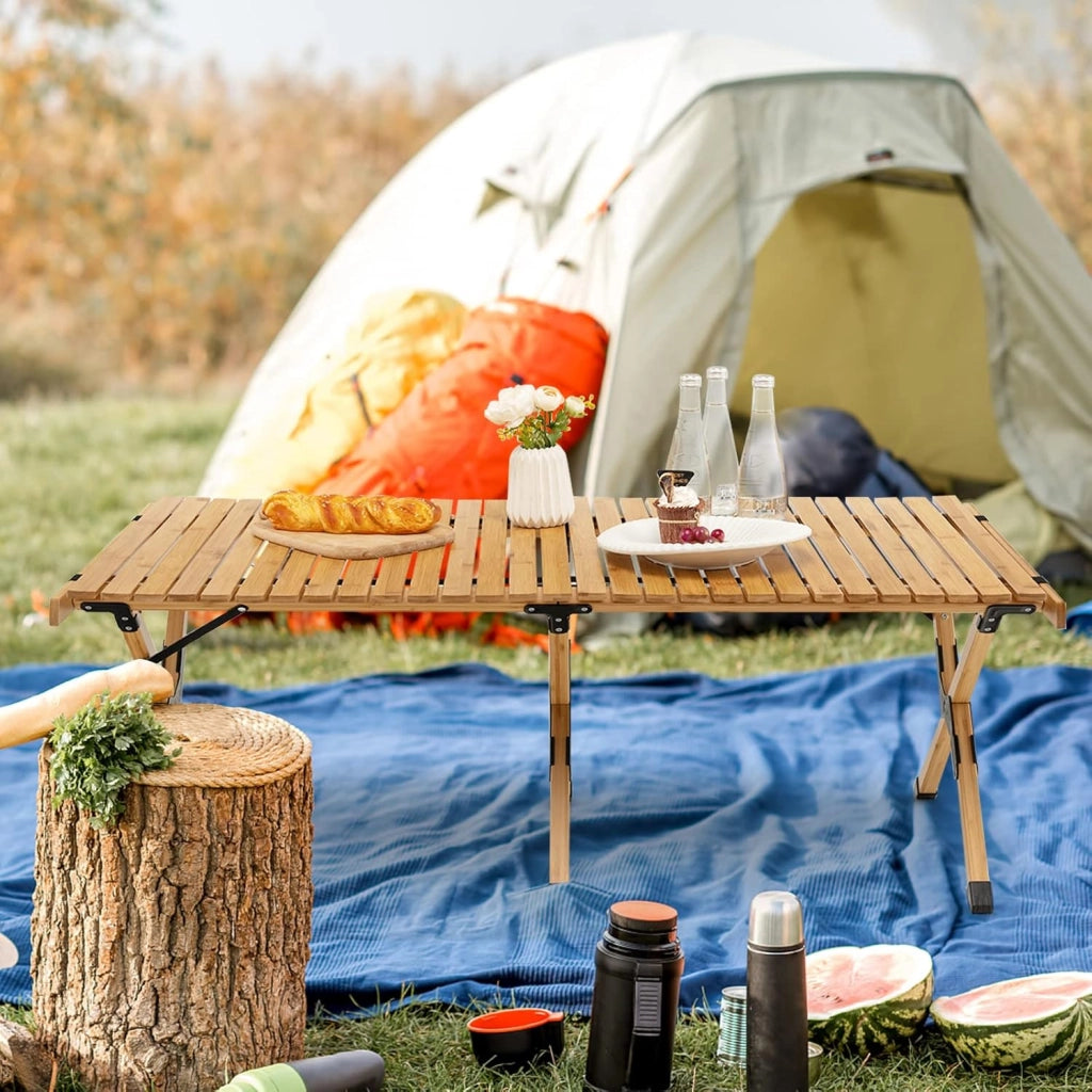 Tavolo Pieghevole da Esterno, Tavolo da Picnic da Campeggio in Bambù, per 4-6 Persone, Tavolo Portatile con una Borsa, la Portata di 50kg, 122 x 60 x 43,5cm (Yellow)