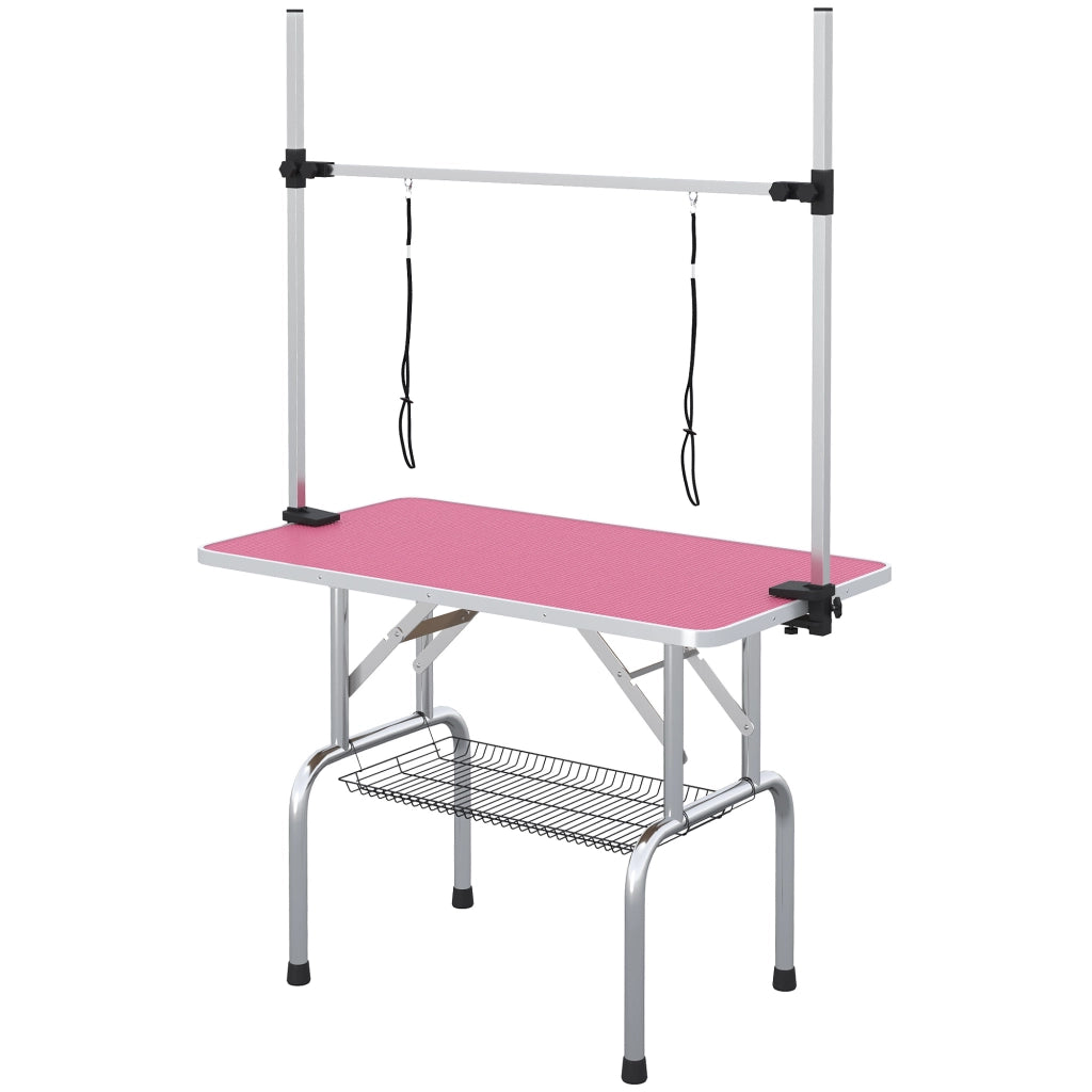 Tavolo pieghevole per toelettatura cani con cesto metallico e barra in acciaio inox regolabile ¨C zephmum ¨C 107x60x164 cm rosa