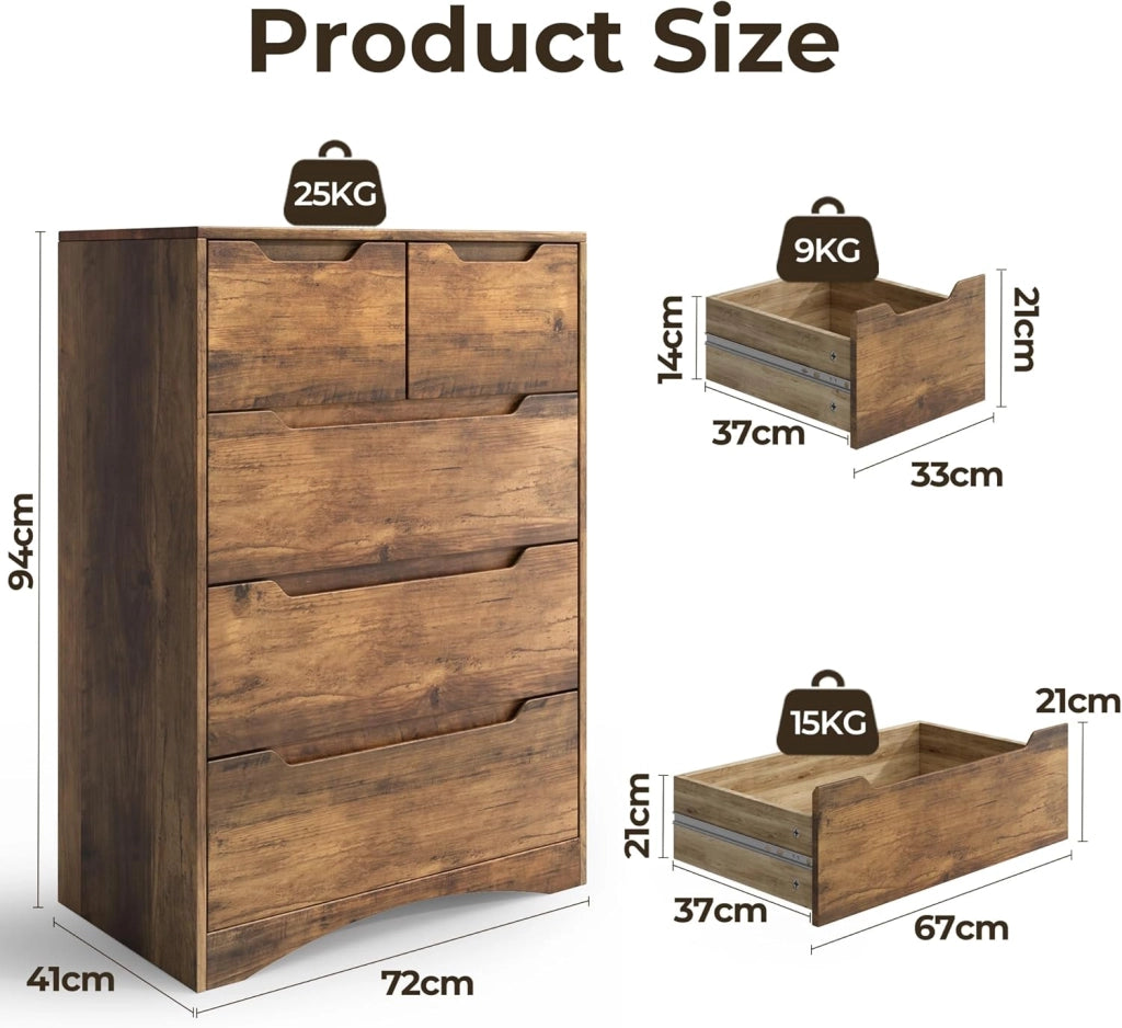 Cassettiera con 5 cassetti, armadio per camera da letto, armadio dipinto, per soggiorno, impermeabile e durevole, 94 x 72 x 41 cm (marrone chiaro)