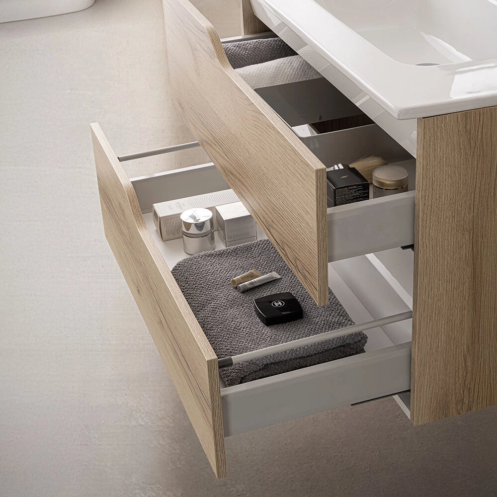 Mobile bagno sospeso 100cm quercia e bianco con pensile e lavabo Sumya