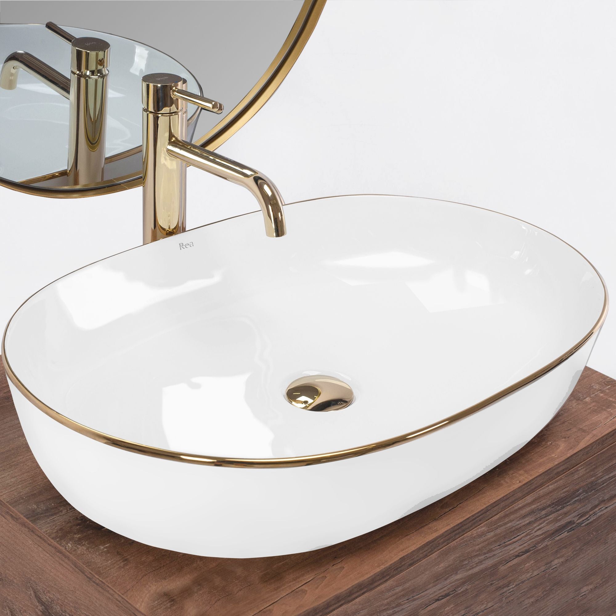 Lavabo Da Appoggio In Ceramica Rea Cleo White Gold Edge