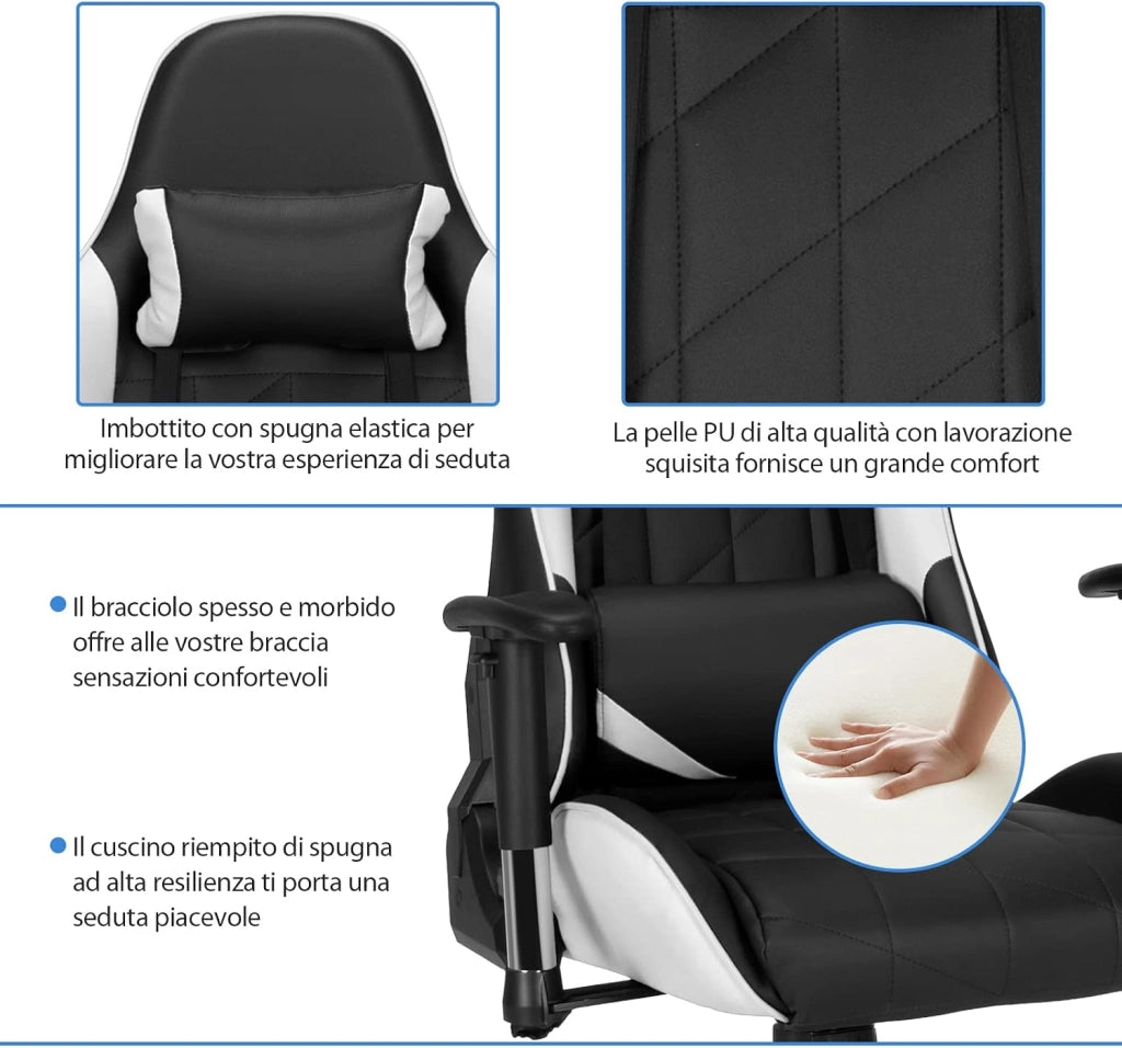 Sedia da Gaming Girevole a 360°, Sedia Ergonomica per Computer per Gaming con Poggiatesta e Cuscino Lombare, Angolo Reclinabile Regolabile (Bianco)